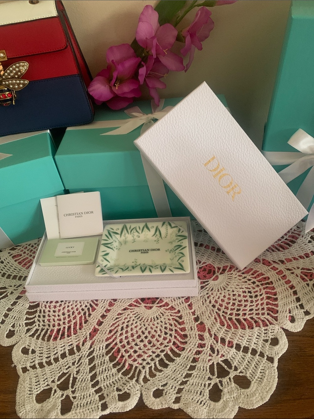 Dior Green and White Floral Ceramic Dish with Box